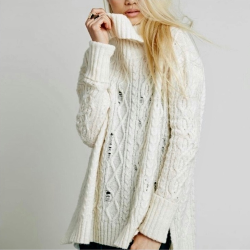 Free People Complex Cable Knit Cowl Neck Distressed Sweater